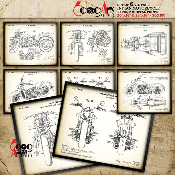 Indian Motorcycle Patent (Set of 6) Drawings Download Digital Prints 20"x16" / 24"x16" Blueprint Art for Wall Decor JP-192b