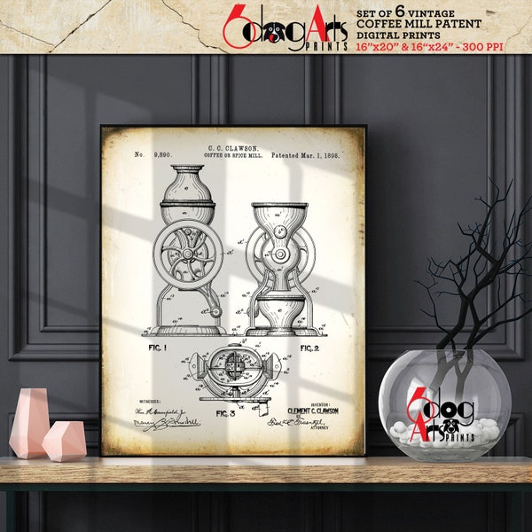 Vintage Coffee Mill (Set of 6) Patent Drawings Downloadable Digital Prints 16"x20" / 16"x24" Blueprint Art for Wall Decor JP-48b