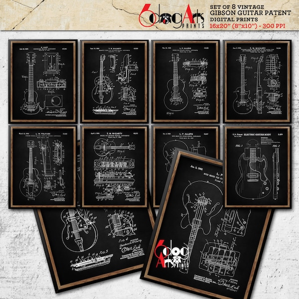 Gibson Guitar Patent (Set of 8) Drawings Download Digital Prints 16"x20" (8"x10") Blueprint Art Wall Decor - JP-88d
