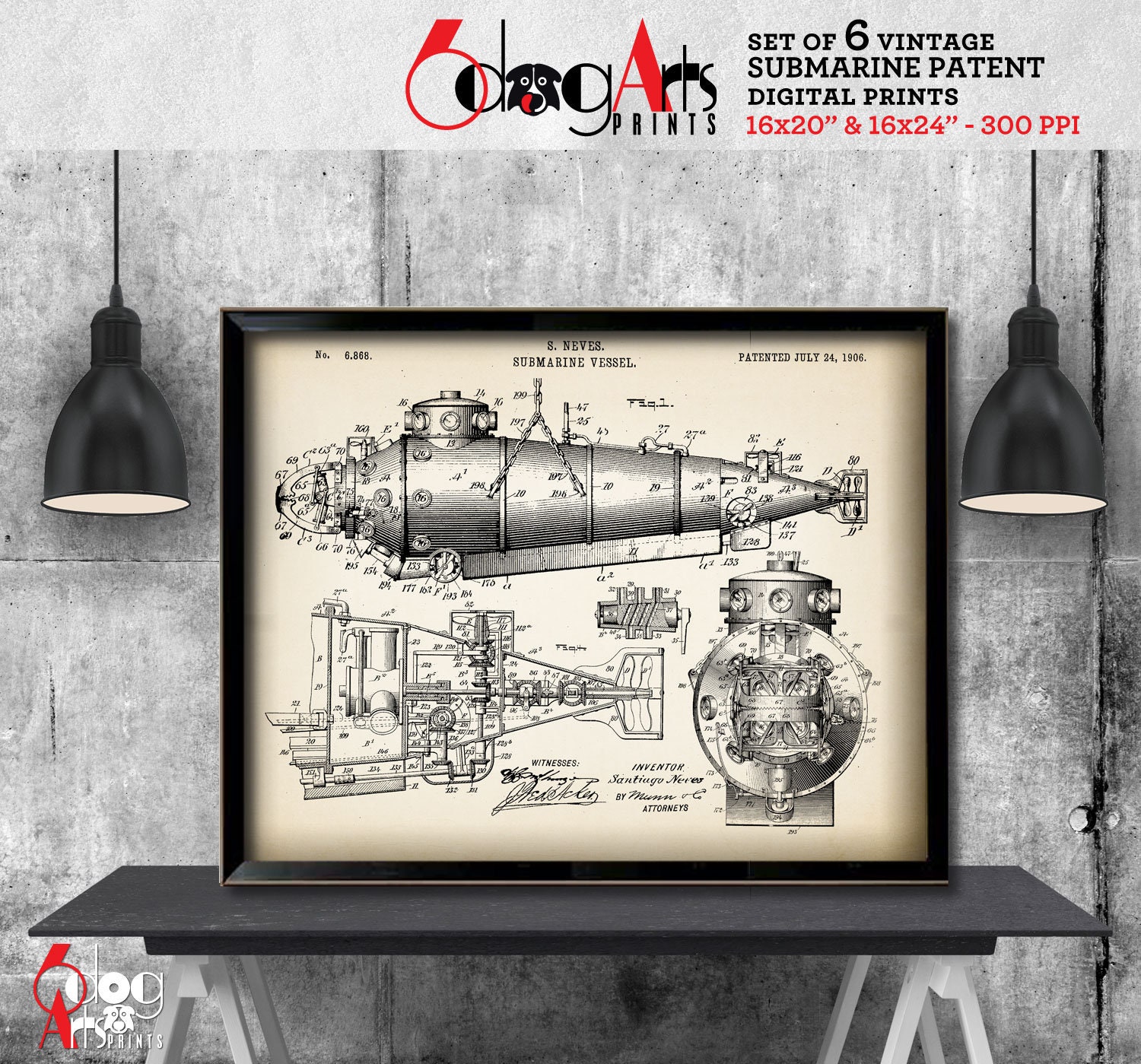 Vintage Submarine Patent Prints (set of 6) - Nautical Blueprint Art ...