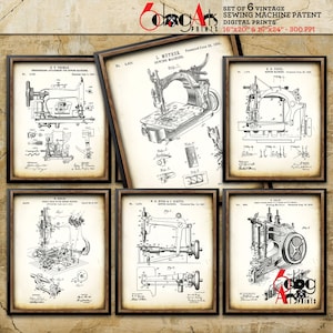 Antike Nähmaschine (6er Set) Patent Digitaldrucke 16&quot;x20&quot; (8x10) / 16&quot;x24&quot; (8x12) Blueprint Kunst Wand Dekor Download - JP-112b