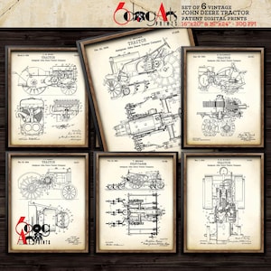 Puede incluir: Juego de seis impresiones digitales de patentes de tractores John Deere antiguos. Cada impresión enmarcada presenta dibujos técnicos detallados en blanco y negro de componentes de tractores. Las impresiones miden 40,6x50,8 cm y 40,6x61 cm.