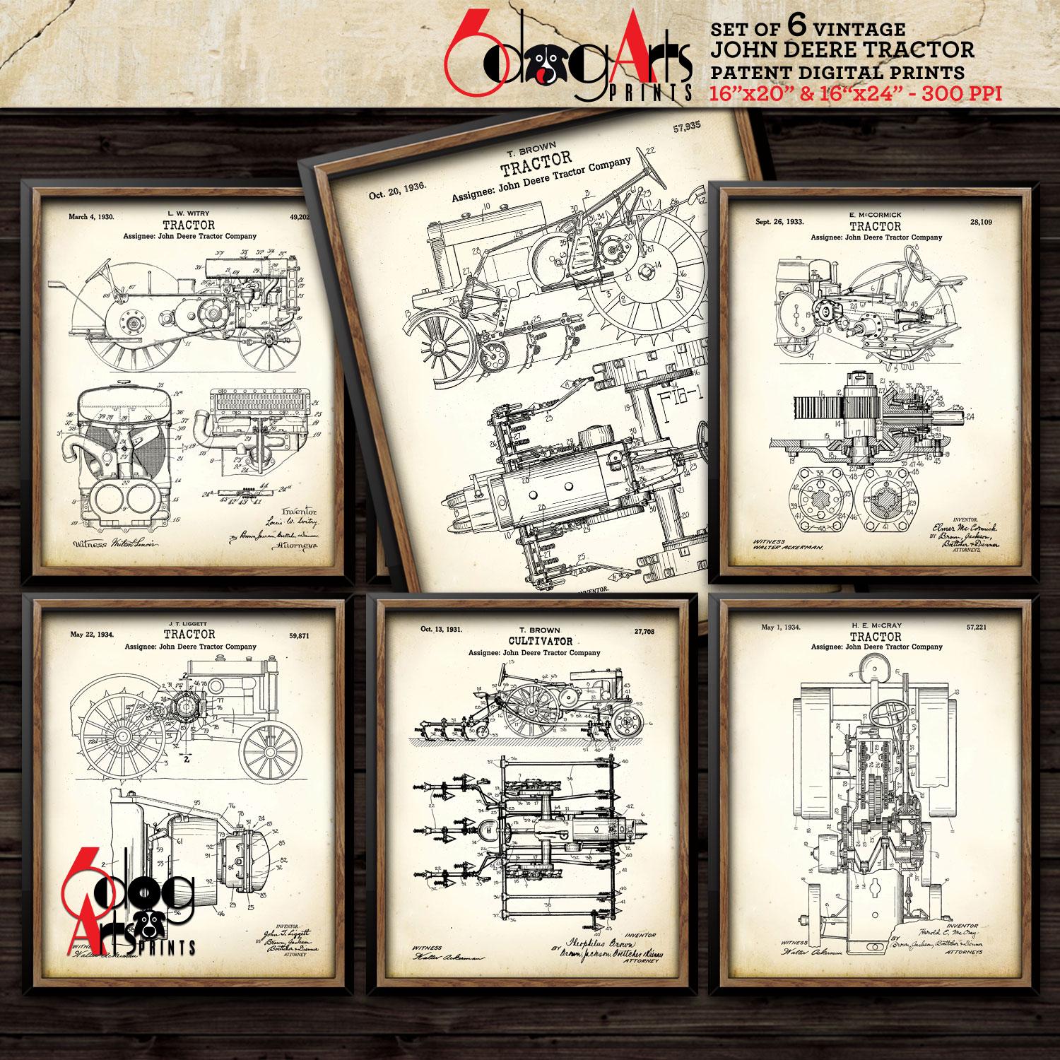 Vintage John Deere Tractor (Set of 6) Patent Drawings Download Digital Prints 16"x20" / 16"x24" Blueprint Art for Wall Decor JP-208a