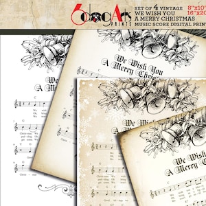 4 Wir wünschen Ihnen eine frohe Weihnachten Song Musik Partitur Vintage Digitaldrucke JPG Karte machen Wand Dekor Scrapbooking Sofortiger Download JP-200