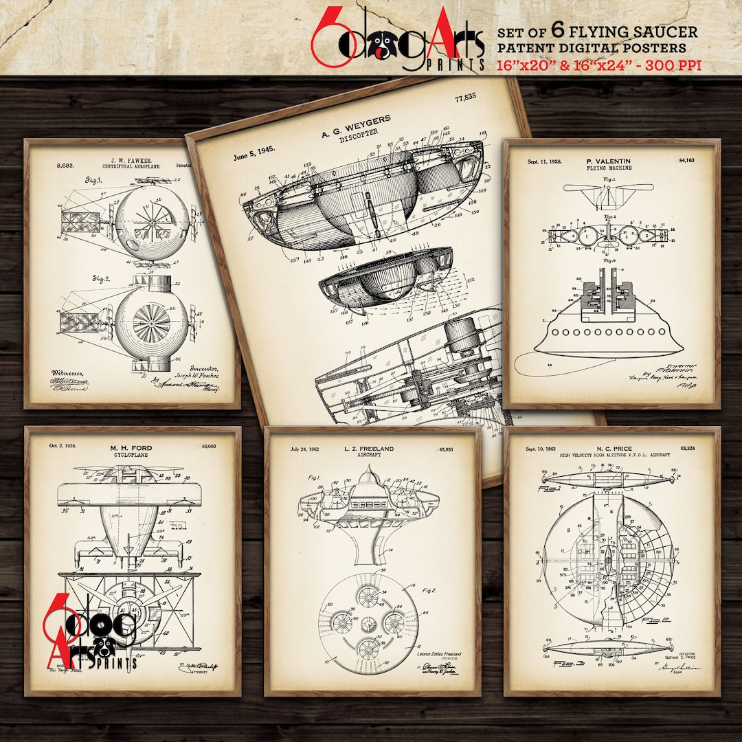 Flying Saucer Patent Poster /set of 6/ Digital Prints Gift Idea Man