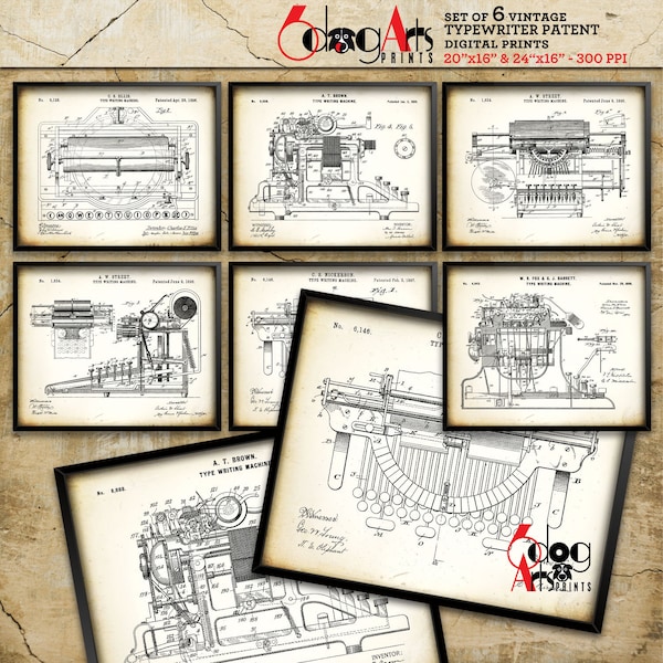 Vintage Typewriter Patent (Set of 6) Drawings Downloadable Digital Prints  20"x16" / 24"x16" Blueprint Art for Wall Decor JP-54b