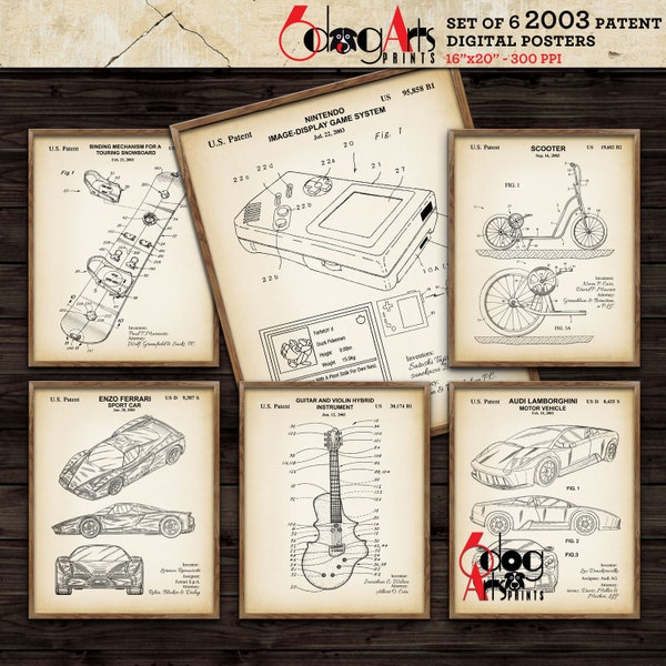 2003 Patent Posters /Set of 6/ Computer Game, Sport Car, Guitar, Scooter Anniversary Gift Digital Prints Wall Art Download - JP-181a