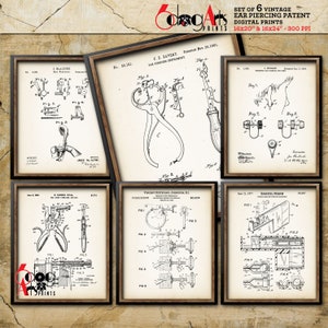 May include: Set of six vintage ear piercing patent prints. Each framed print features detailed black and white diagrams of ear piercing tools and devices. The prints are 16x20 inches and 16x24 inches.