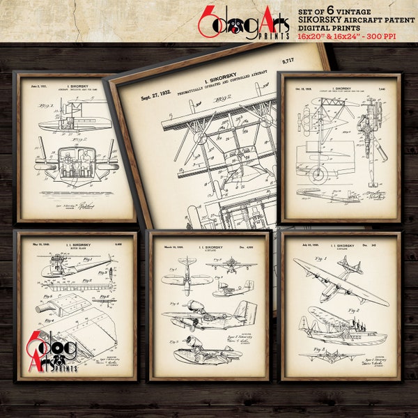 Sikorsky Aircraft Patent (Set of 6) Vintage Drawings Download Digital Prints 16"x20" / 16"x24" Blueprint Art for Wall Decor JP-57a