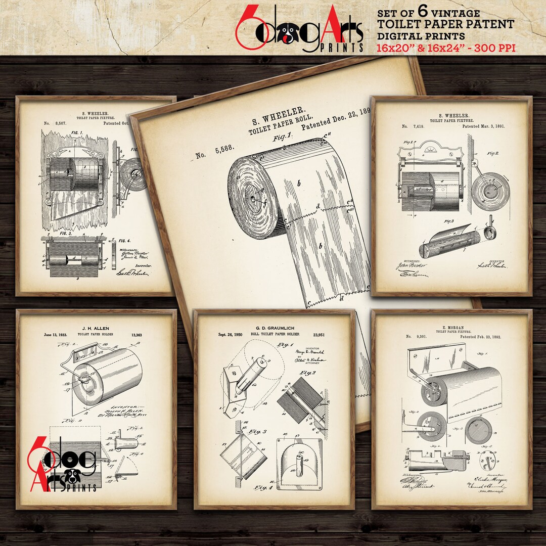 Vintage Toilet Paper Patent Art Prints: Bathroom Wall Decor (set of 6 ...