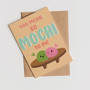Mochi liefdeskaart, romantische grappige schattige voedselwoordspeling, Kawaii, kinderen, afdrukbare digitale kaart, Instant Download
