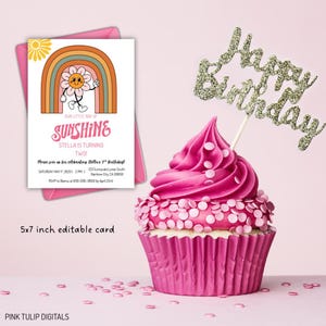 Convite de aniversário editável Two Our Little Sunshine para meninas, verão, primeiro, segundo, terceiro, festa, download digital, arco-íris, primavera, flor, aniversário