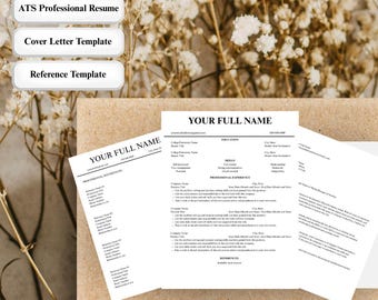 May include: A digital download bundle of three resume templates: ATS Professional Resume, Cover Letter Template, and Reference Template. The templates are editable in Canva and feature a minimalist design with black text on a white background.