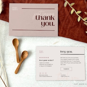 May include: A pink and white thank you card with the text "just saying thank you."  A second card with the text "hey, you."  The text reads "We hope you love your purchase. Your support means a lot to small businesses like ours. To say thanks, enjoy 10% off your next purchase with the code THANKS10."