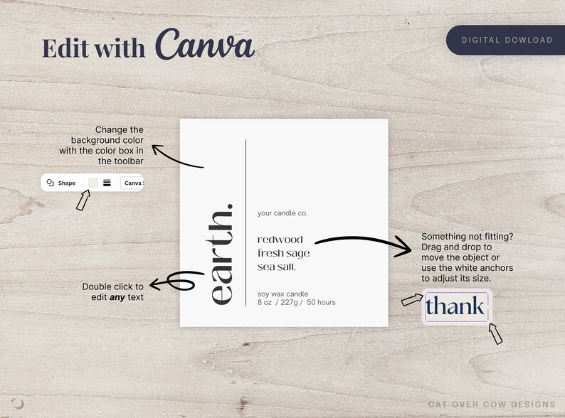 Digital download. Edit with Canva. Change the background color with the color box in the tool bar. Double click to edit any text. Drag and drop to move object or adjust its size using the white anchors.
