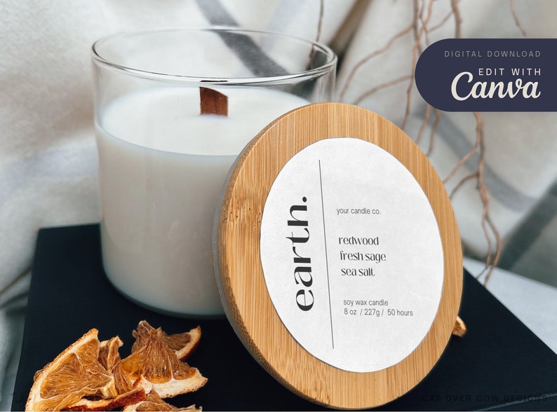 Zoom in on single candle and candle lid on kitchen counter. Candle as a white label written sideways. To the right is bold line and editable text of the candle company, scents, volume to the right 
 writtenof the candle name separated by bold line
