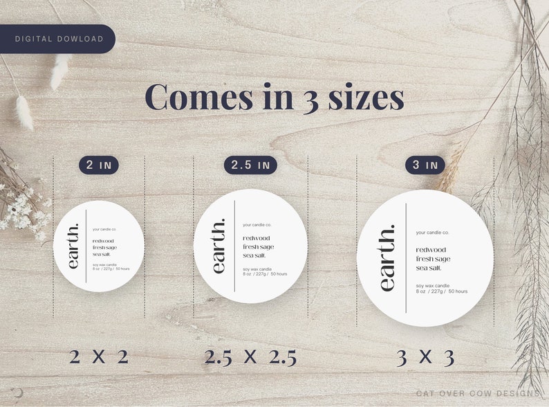 Comes in 3 sizes. 2 inch round, 2.5 inch round, 3 inch round circles. Digital download. Customizable candle labels
