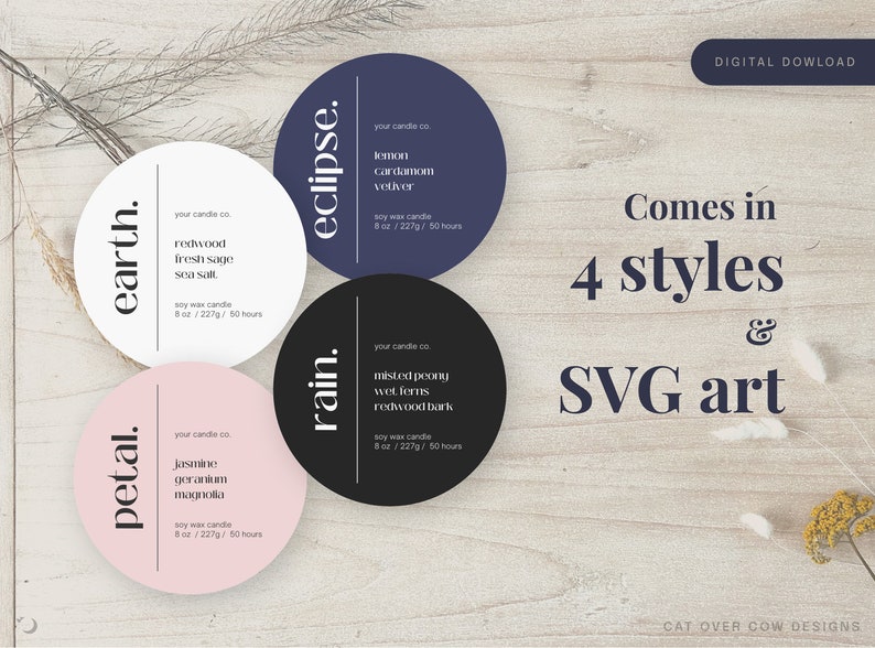 Comes in 4 styles and SVG art. Edit the color of the background art. Change the color of the art