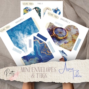 Azur Gezeiten Meerjungfrau Umschläge & Tags Printable's Bundle Blau Digitale Seiten Mermaid's Folio Ephemera Scrapbooking Papier Handwerk Collage Sheet