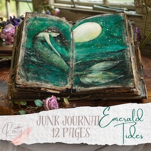 Emerald Tides Mermaid 12 Junk Journal Seiten Printable's Bundle Grün Digitale Seiten Mermaid's Ephemera Scrapbooking Papier Handwerk Collage Sheet