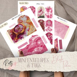 Blush Gezeiten Meerjungfrau Junk Journal Umschläge Tags Printable's Bundle Pink Digital Pink Sirene Ephemera Scrapbooking Papier Handwerk Collage Sheet