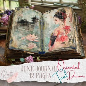 Vintage Teal Oriental Style Junk Journal Kit  Digital Paper for Scrapbooking Asian Background Bundled Pages Ephemera Printable Collage Sheet
