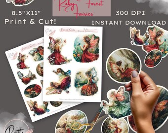 Puede incluir: Hoja de pegatinas de hadas con el texto "FUSSY CUTS Ruby Forest Fairies". Las pegatinas miden 21,59 cm x 27,94 cm y presentan ilustraciones de hadas con vestidos rojos, verdes y azules. La imagen también incluye el texto "Print & Cut!" e "INSTANT DOWNLOAD."