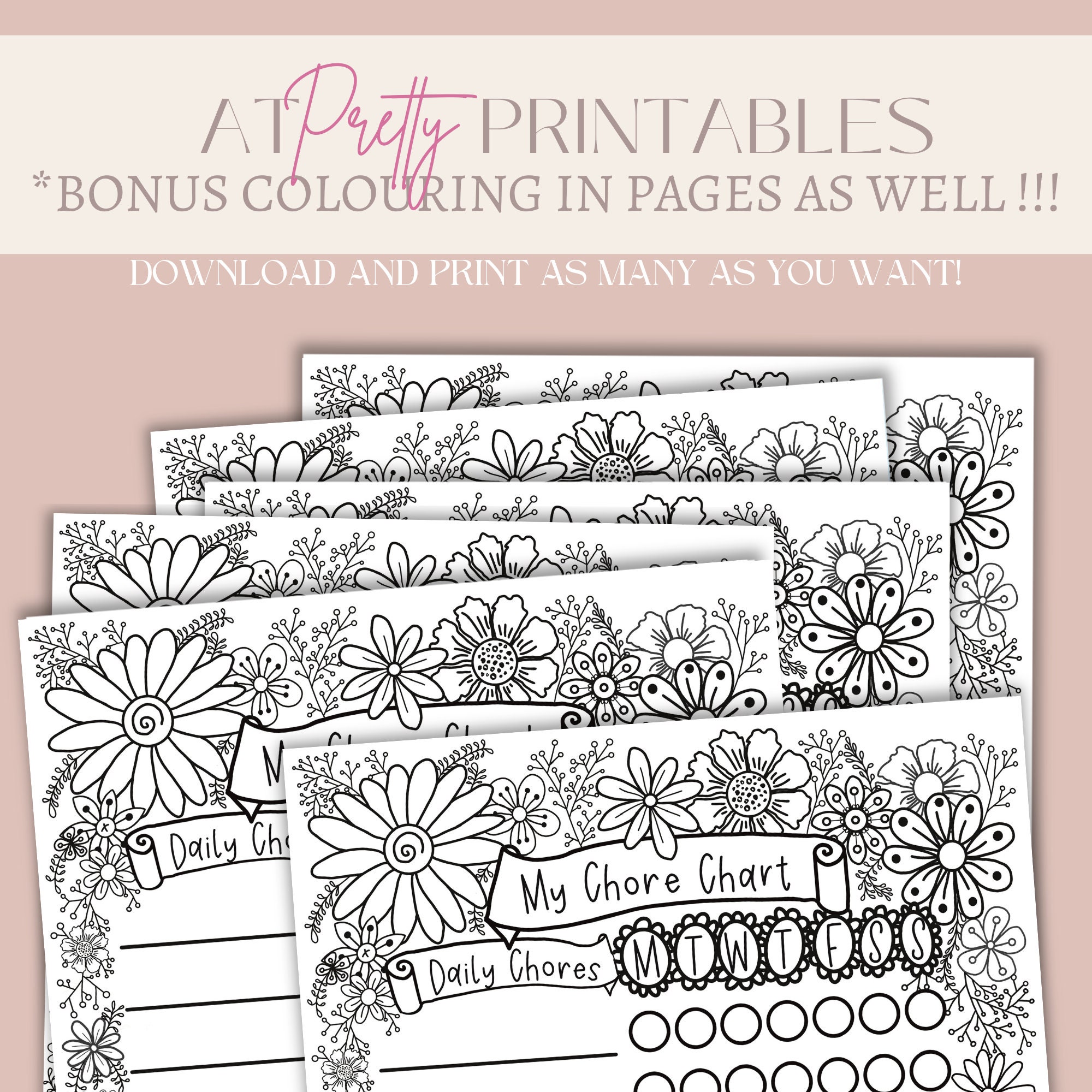 Boho Flowers Kids Printable Chore Chart, Bundle, Weekly Routine ...