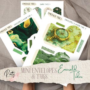 Smaragd Gezeiten Meerjungfrau Mini Umschläge Tags Printable's Bundle Grün Digitale Seiten Meerjungfrau Ephemera Scrapbooking Papier Collage Sheet