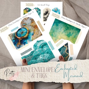 Verzauberte Meerjungfrauen Mini Umschläge & Tags Kit Printable's Bundle Junk Journal Meerjungfrauen Scrapbooking Papierhandwerk Collage Sheets Briefmarken Rahmen