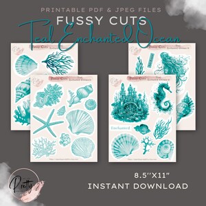 Teal verzaubert Ozean Fussy Schnitte druckbare Teal Strand & Nautische Ephemera Digital heruntergeladen für Scrapbooking Karten Papier Collage Sheets