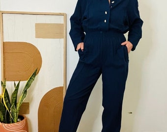 Vintage ROC Blue Cotton Wooden Button Long Sleeve Jumpsuit