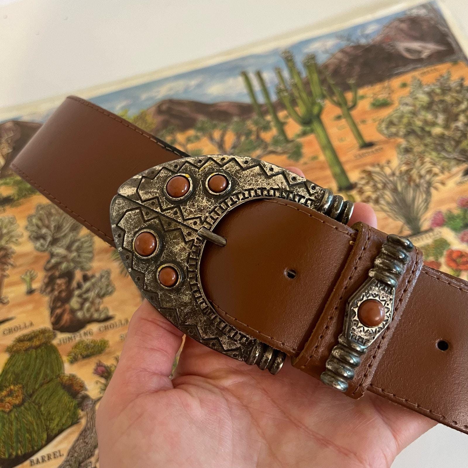 Vintage 90s Saffron Made in Italy Brown Genuine Leather Stone Buckle Belt M Vintage 90s Saffron Made in Italy Brown Genuine Leather  main image 4