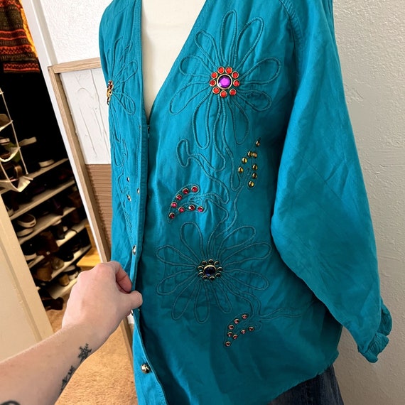 Vintage 80s Teal Cotton Oversized Embellished Flo… - image 9