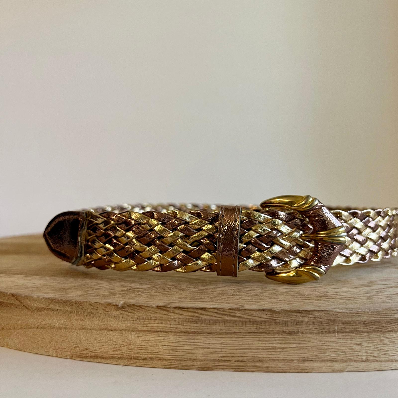 Vintage 80s Metallic Gold Woven Leather Hook Buckle Belt