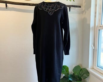 Vintage Black Knit Rainbow Sequin Beaded Long Sleeve Sweater Dress Size Medium