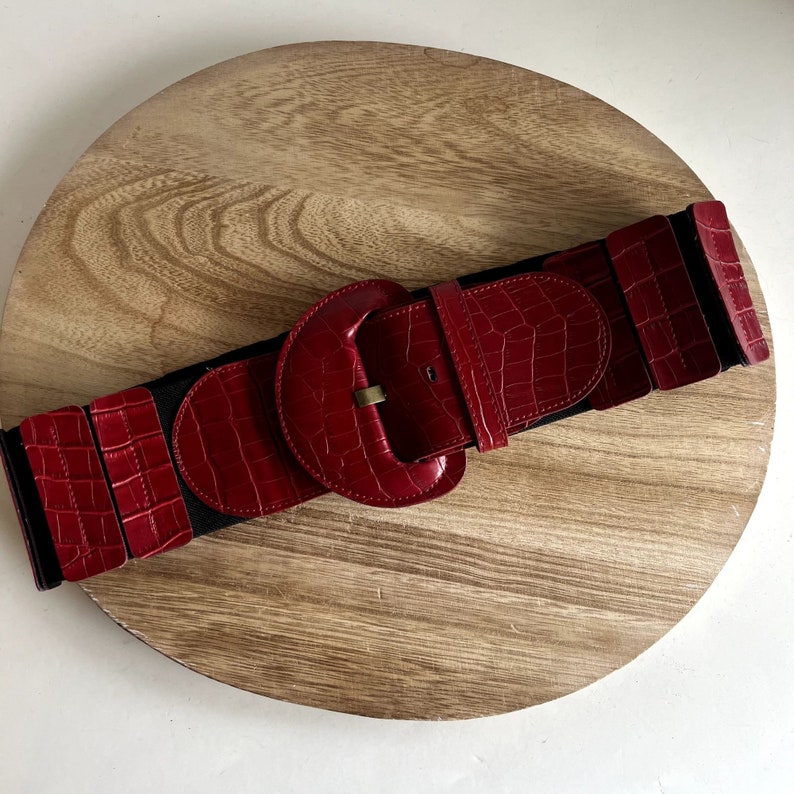 Vintage Red Vegan Leather Croc Scale Thick Wide Elastic Belt Small image 7