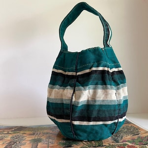 Handmade Vintage 90s Green Southwestern Tapestry Round Bucket Bag