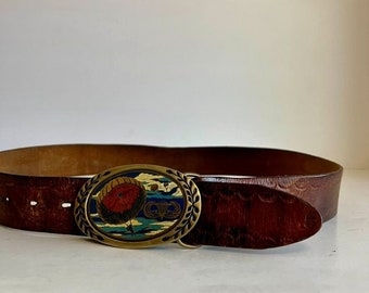 Vintage Handmade Embossed Genuine Leather Solid Brass Colorado Buckle Belt - L