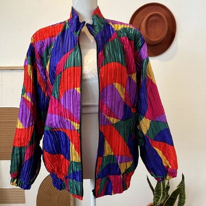 Vintage 80s ADS Mosiac Abstract Multi Color Bright Print Bomber Jacket