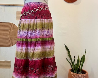 Y2K Retro Cotton Boho Indie Print Purple Tiered Midi Skirt