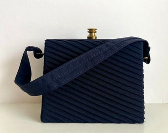 50s Vintage Navy Blue Fabric Lined Textured Top Handle Mini Bag