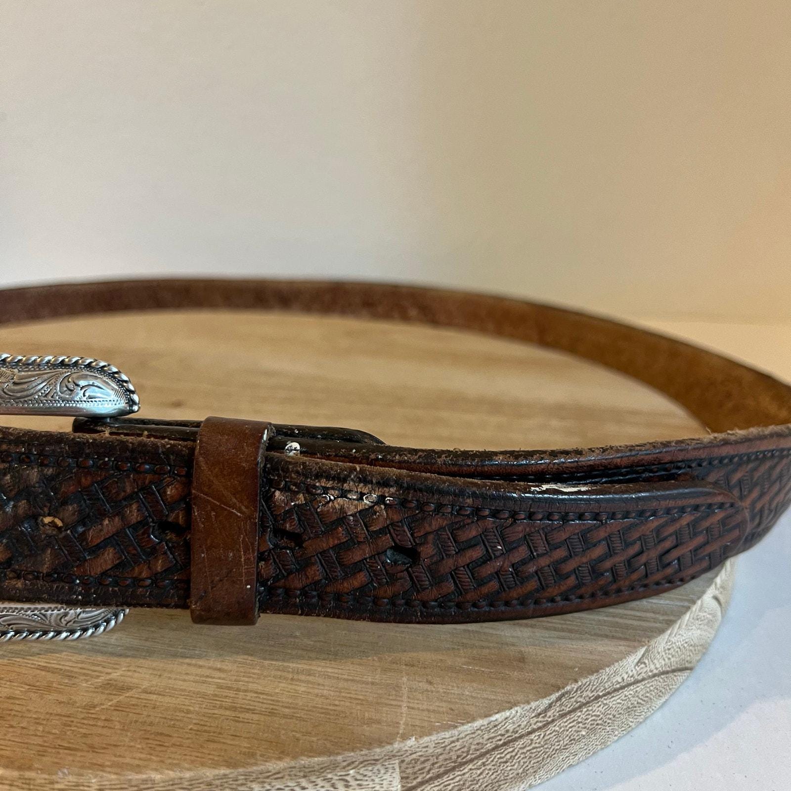 Brown Weaved Embossed Genuine Leather Western Silver Buckle 