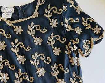 Vintage 80s Stenay Silk Hand Beaded Black Daisy Floral Short Sleeve Sequin Blouse