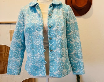 Vintage 60s Blue & White Daisy Floral Hippie Button Front Cropped Little Blazer Jacket