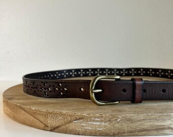 Vintage Brown Wide Leather Belt With Large Hammered Gold  display picture 3