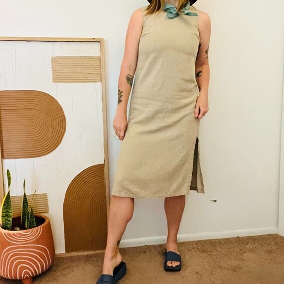 Vintage 90s Beige Linen Sleeveless Midi Side Slit… - image 1