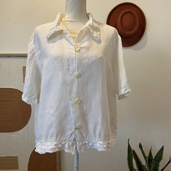 CP Shades 90s White Linen USA Made Crochet Trim Button Front Shirt