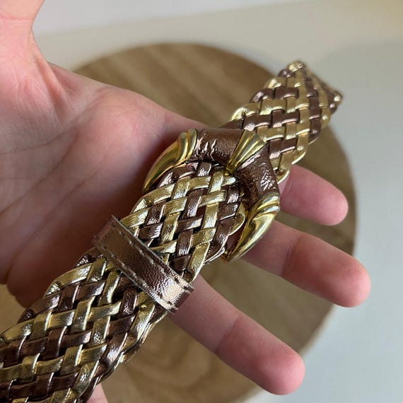 Vintage 80s Metallic Gold Woven Leather Hook Buckle Belt
