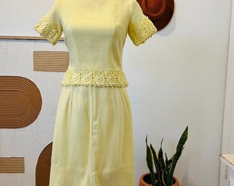 Vintage 60s Union Made Yellow Textured Crochet Floral Lace Two Piece Skirt Set